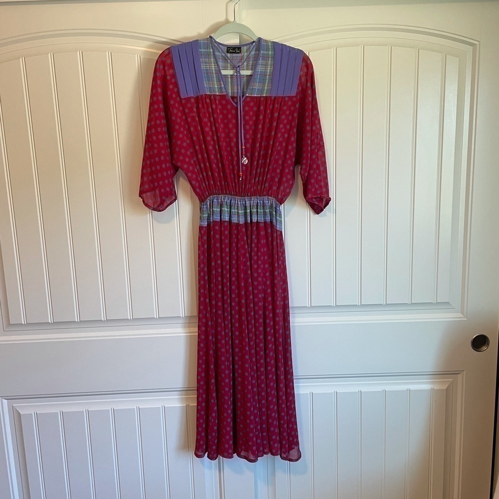 Vintage Diane Freis clover print cottagecore plaid midi dress medium